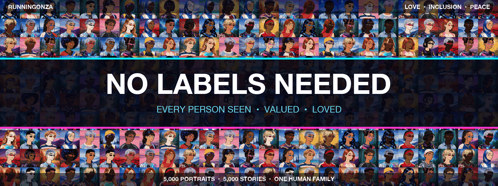 Animated No Labels Needed banner showing the inclusive portrait collection